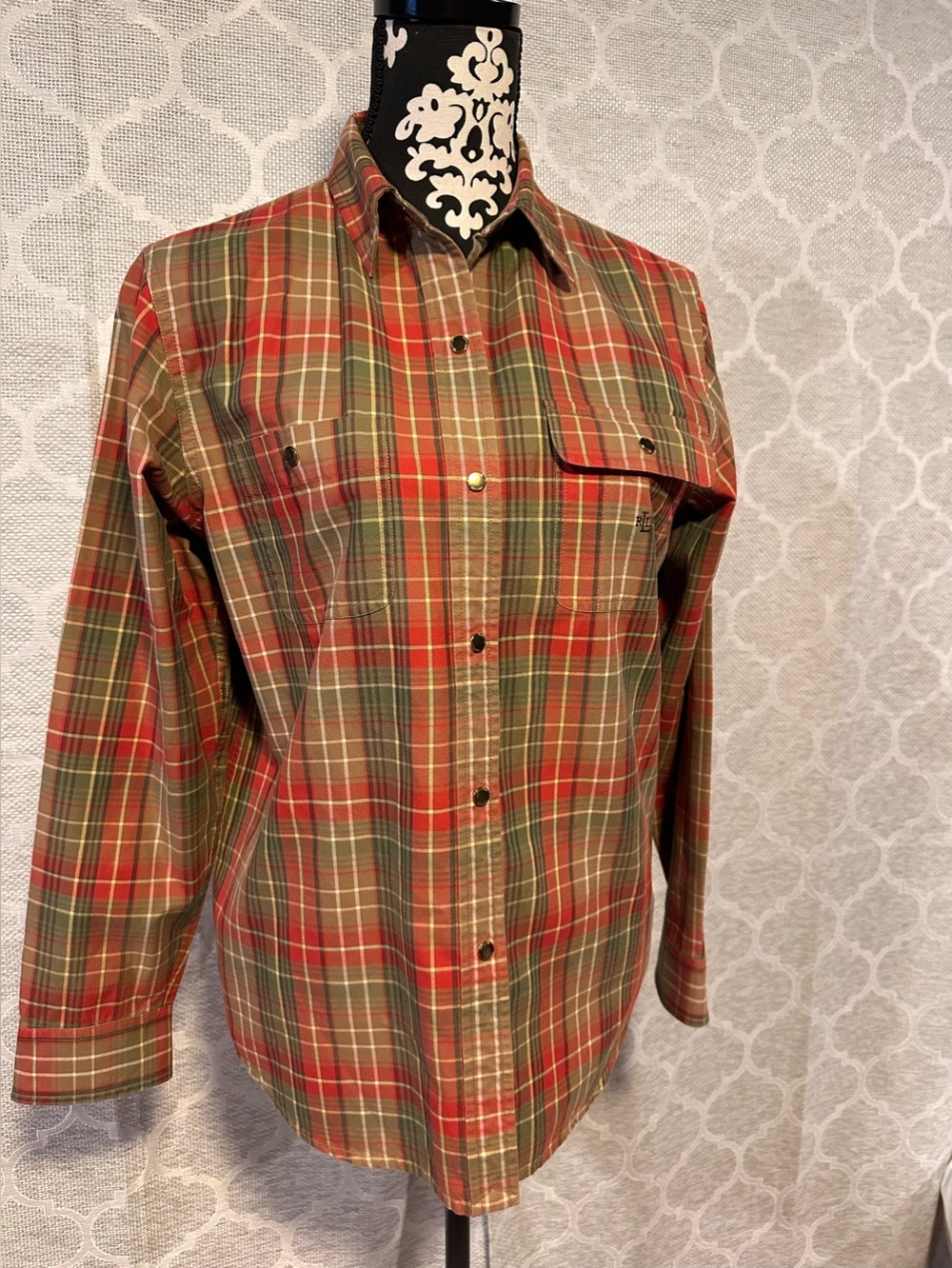 Lauren Ralph Lauren Terracotta and Green Plaid Button-Down Shirt with gold snaps